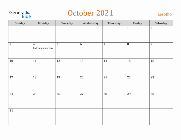 October 2021 Holiday Calendar with Sunday Start