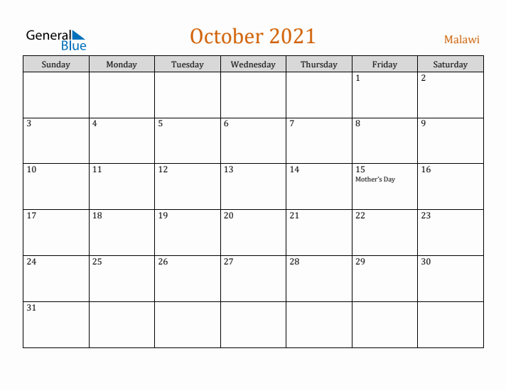 October 2021 Holiday Calendar with Sunday Start