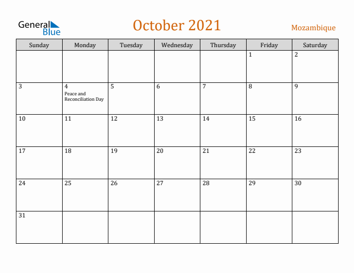 October 2021 Holiday Calendar with Sunday Start