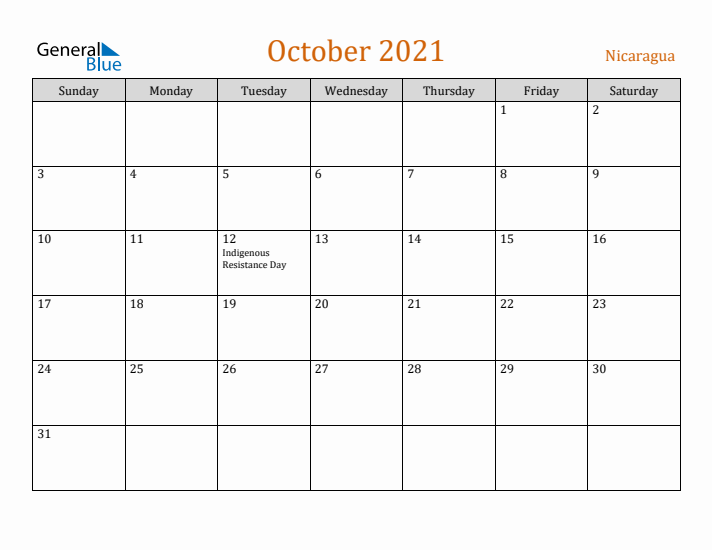 October 2021 Holiday Calendar with Sunday Start