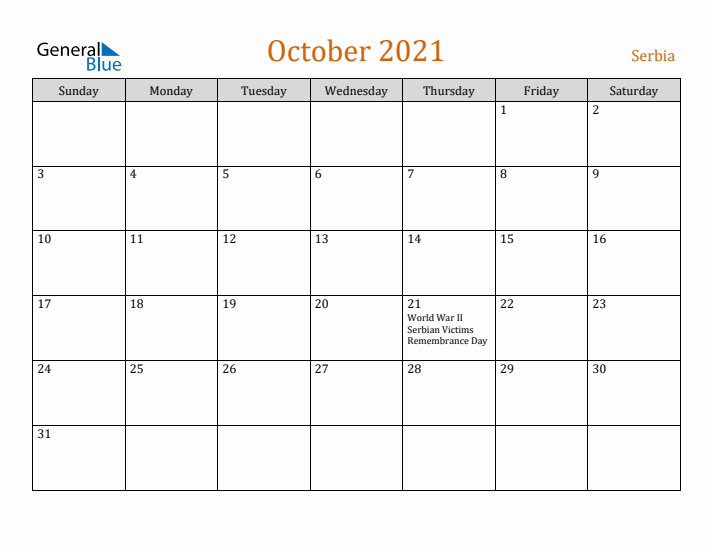 October 2021 Holiday Calendar with Sunday Start