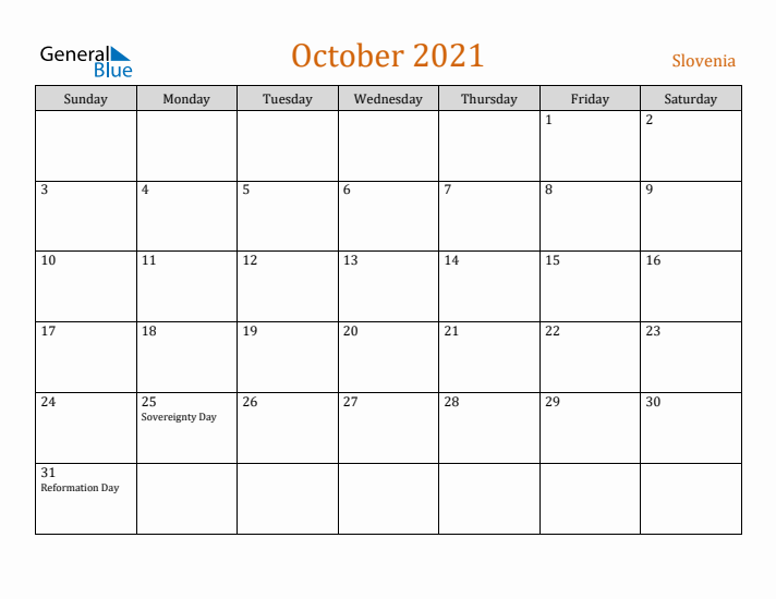 October 2021 Holiday Calendar with Sunday Start