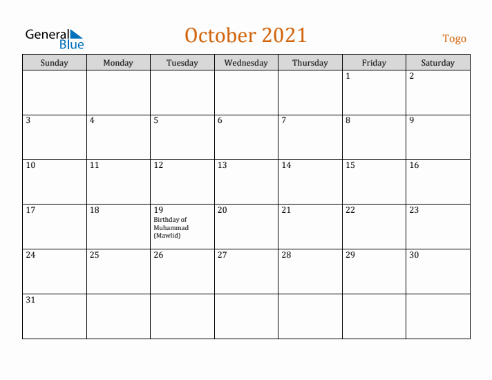 October 2021 Holiday Calendar with Sunday Start