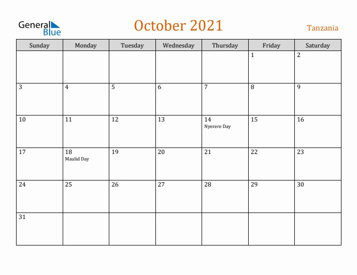 October 2021 Holiday Calendar with Sunday Start