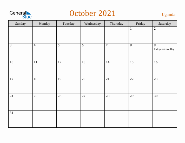 October 2021 Holiday Calendar with Sunday Start