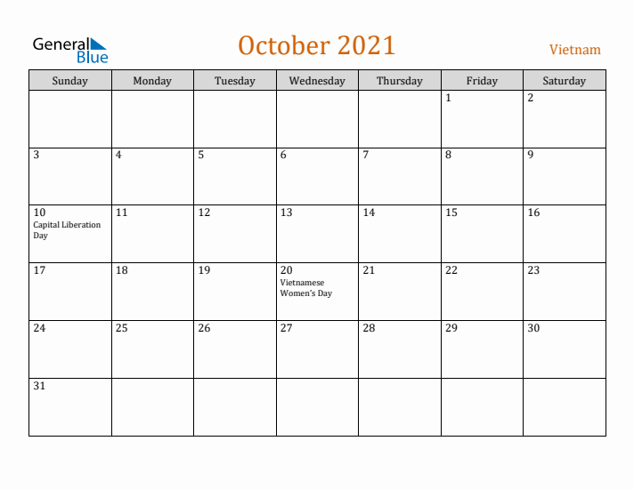 October 2021 Holiday Calendar with Sunday Start