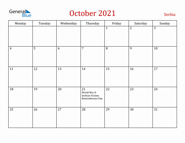 Serbia October 2021 Calendar - Monday Start