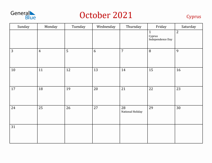 Cyprus October 2021 Calendar - Sunday Start