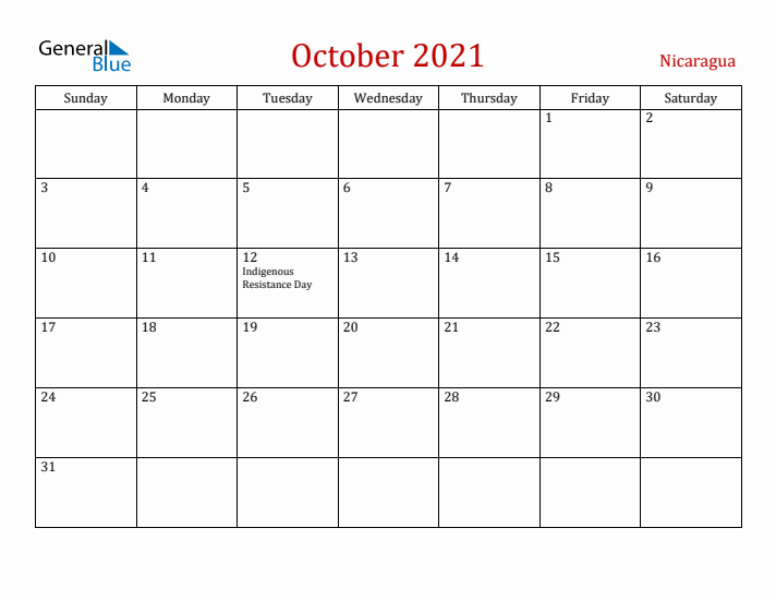 Nicaragua October 2021 Calendar - Sunday Start