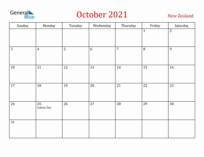 New Zealand October 2021 Calendar - Sunday Start