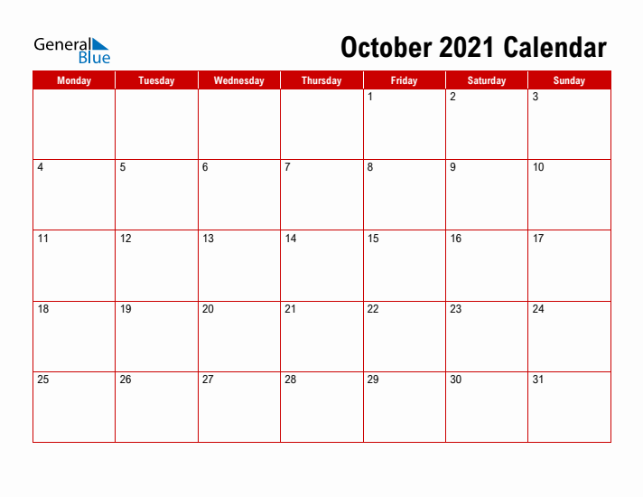 Simple Monthly Calendar - October 2021