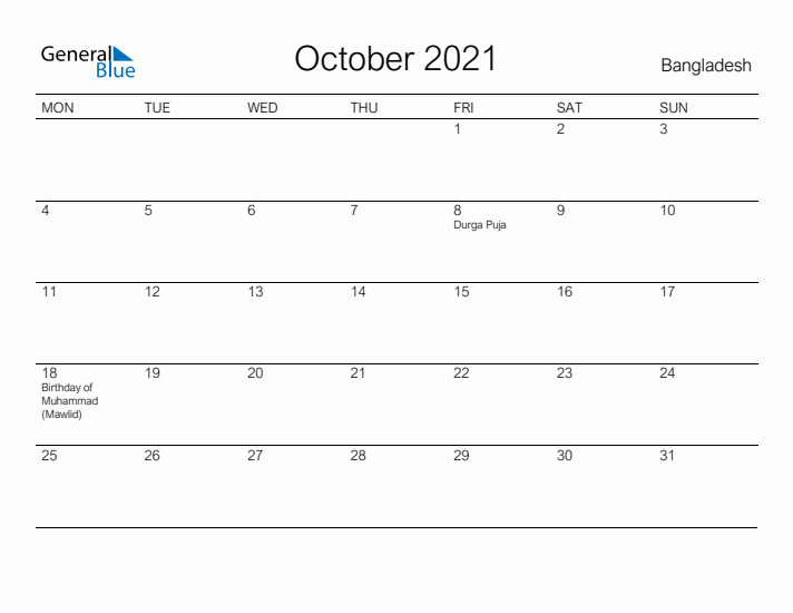 Printable October 2021 Calendar for Bangladesh