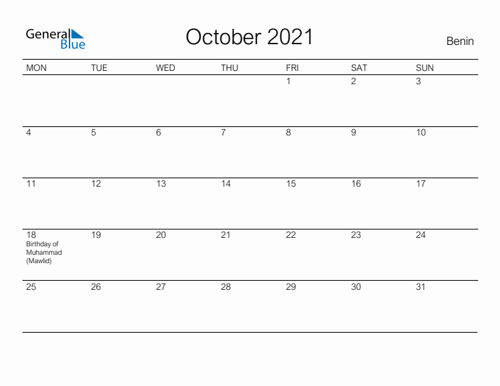 Printable October 2021 Calendar for Benin