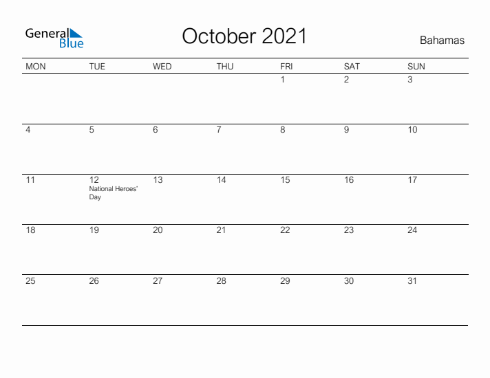 Printable October 2021 Calendar for Bahamas