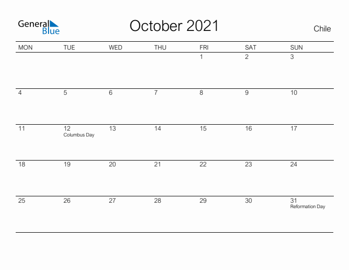 Printable October 2021 Calendar for Chile