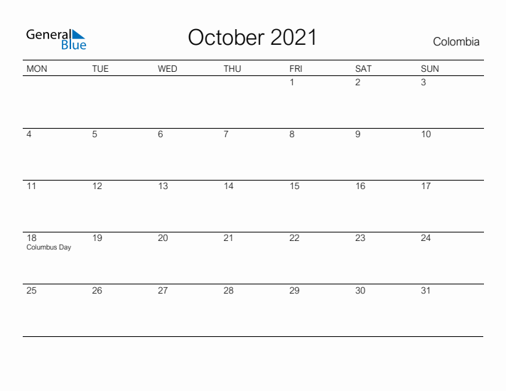 Printable October 2021 Calendar for Colombia