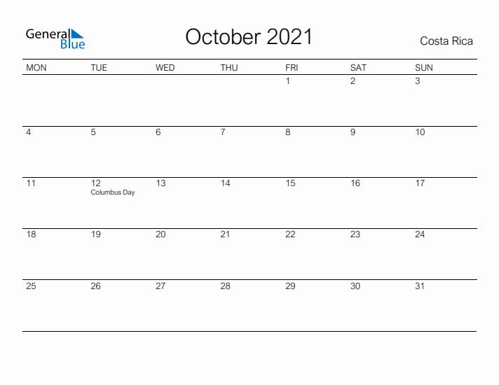 Printable October 2021 Calendar for Costa Rica