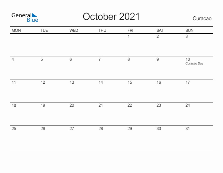 Printable October 2021 Calendar for Curacao