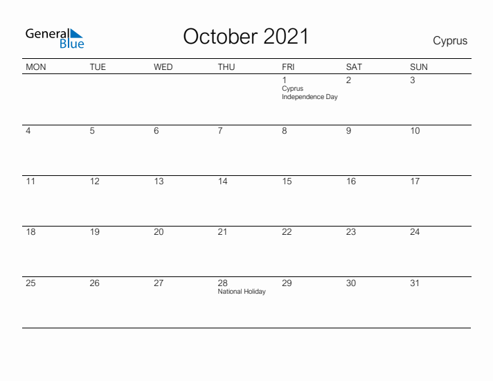 Printable October 2021 Calendar for Cyprus