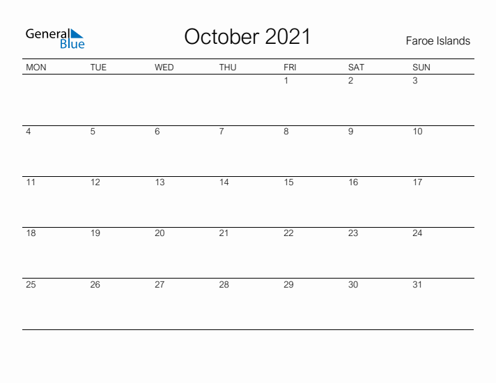 Printable October 2021 Calendar for Faroe Islands