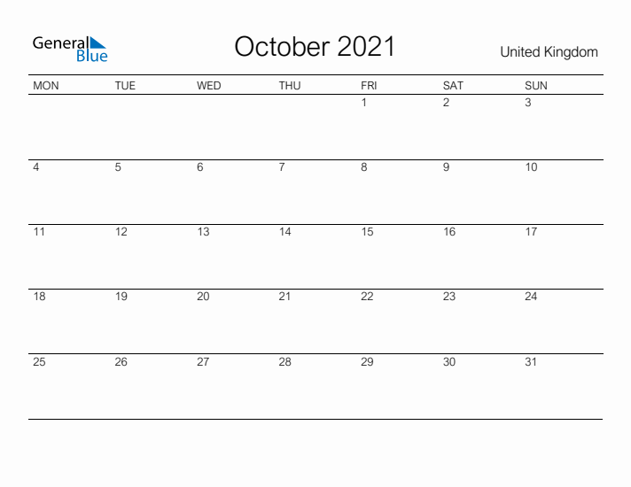 Printable October 2021 Calendar for United Kingdom