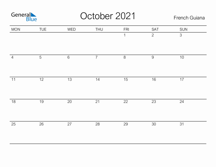 Printable October 2021 Calendar for French Guiana