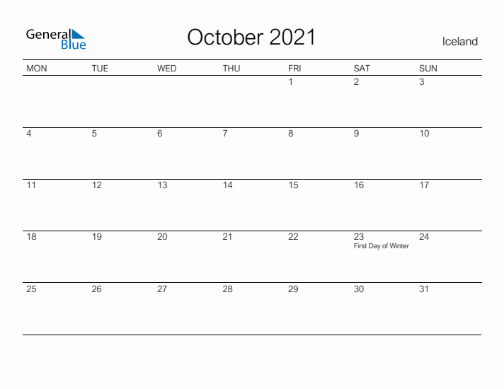 Printable October 2021 Calendar for Iceland