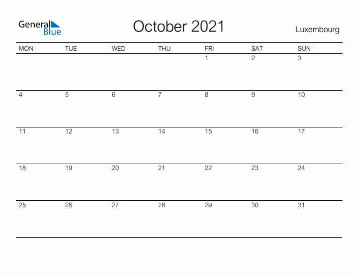 Printable October 2021 Calendar for Luxembourg