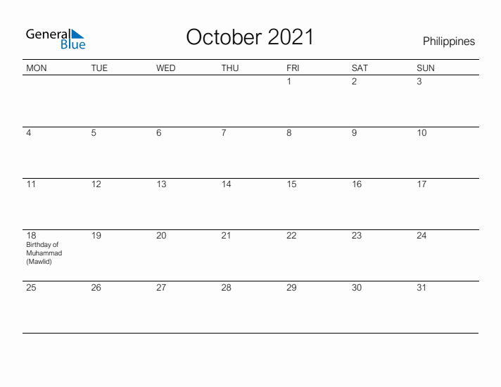 Printable October 2021 Calendar for Philippines