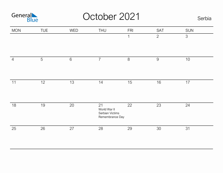 Printable October 2021 Calendar for Serbia