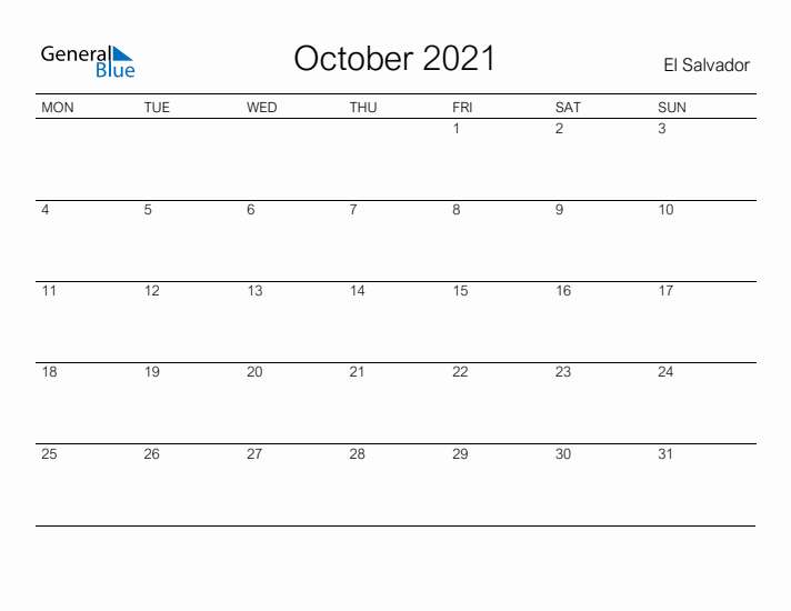 Printable October 2021 Calendar for El Salvador