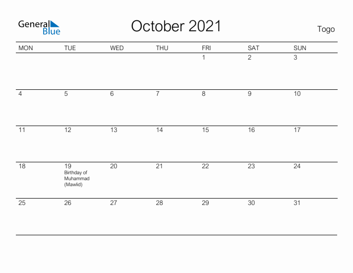 Printable October 2021 Calendar for Togo