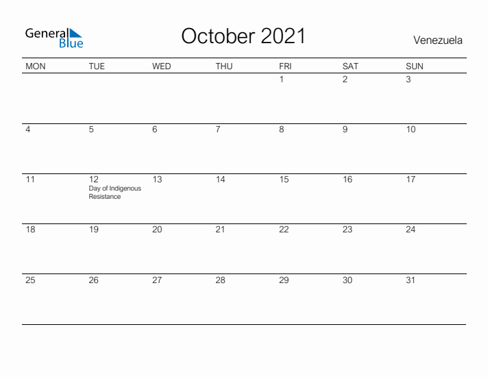 Printable October 2021 Calendar for Venezuela