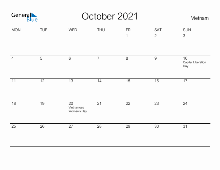 Printable October 2021 Calendar for Vietnam