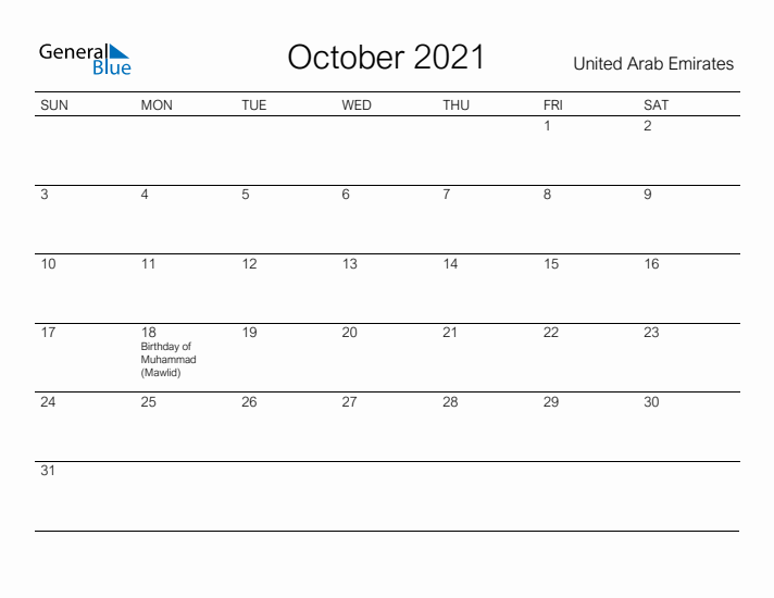 Printable October 2021 Calendar for United Arab Emirates