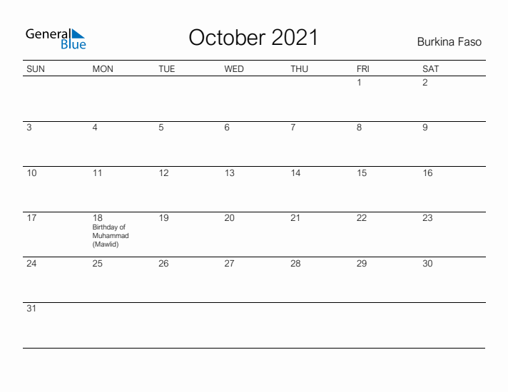 Printable October 2021 Calendar for Burkina Faso