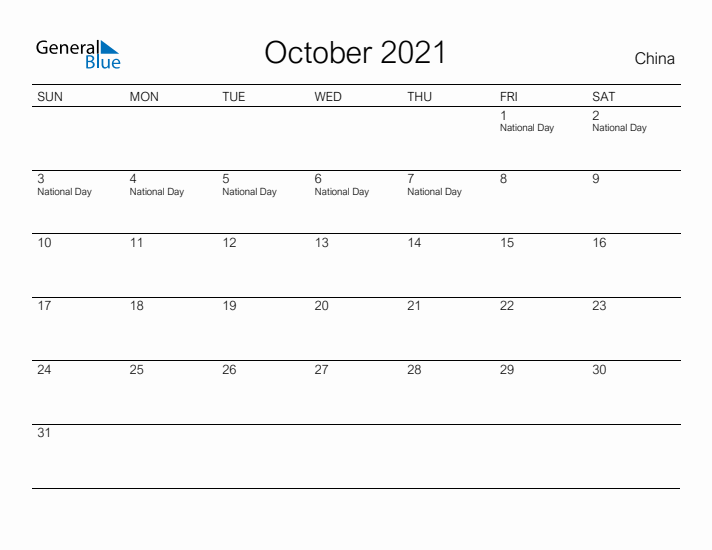 Printable October 2021 Calendar for China