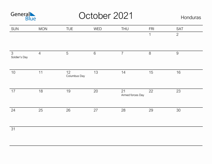 Printable October 2021 Calendar for Honduras