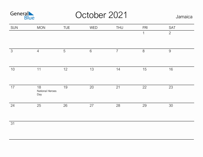 Printable October 2021 Calendar for Jamaica