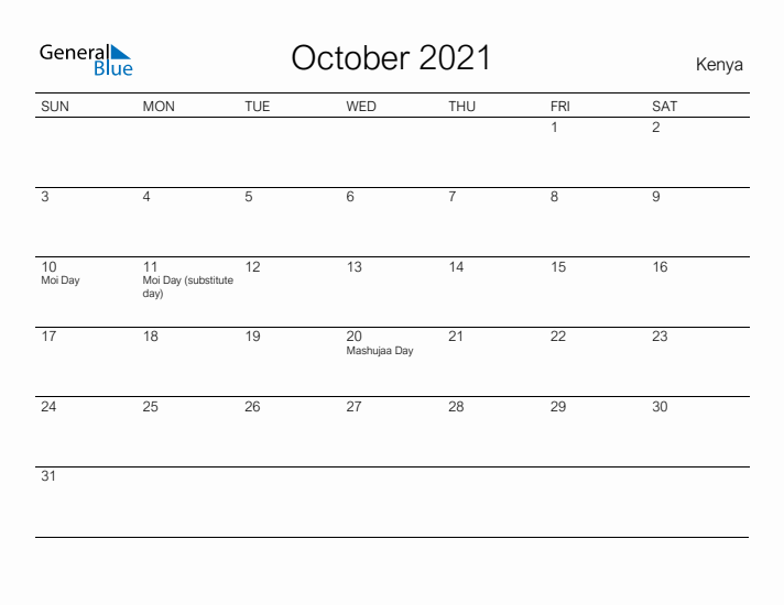 Printable October 2021 Calendar for Kenya