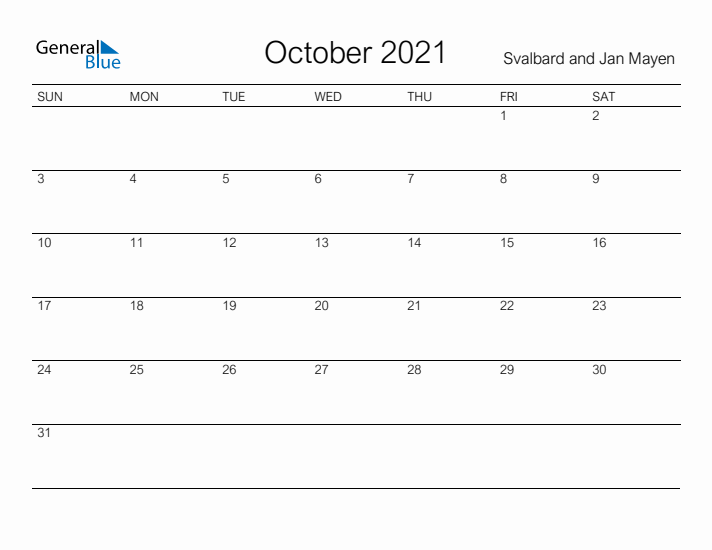 Printable October 2021 Calendar for Svalbard and Jan Mayen