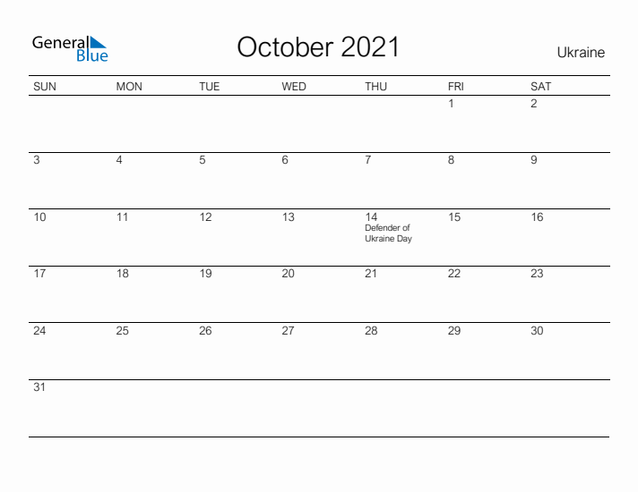 Printable October 2021 Calendar for Ukraine