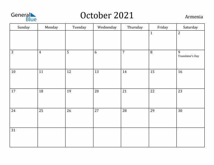 October 2021 Calendar Armenia