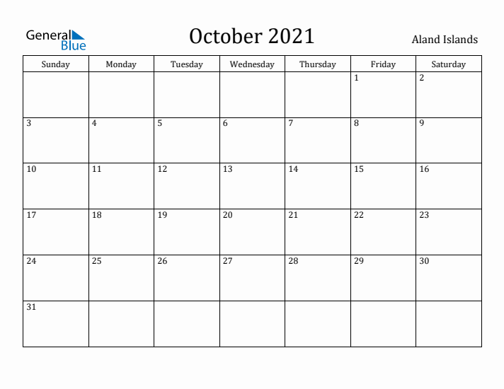 October 2021 Calendar Aland Islands