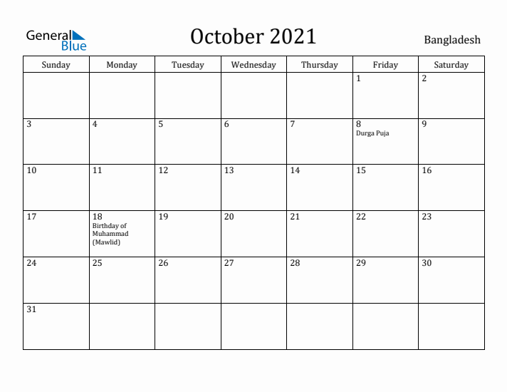 October 2021 Calendar Bangladesh