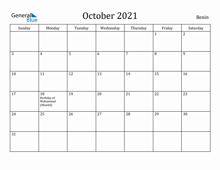 October 2021 Calendar Benin