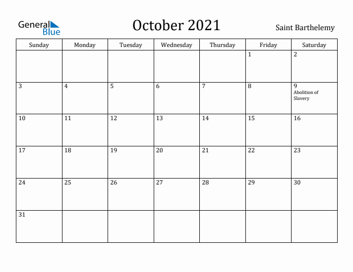 October 2021 Calendar Saint Barthelemy