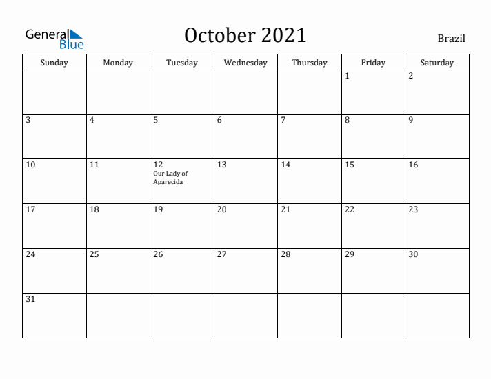 October 2021 Calendar Brazil