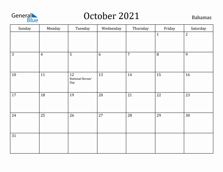 October 2021 Calendar Bahamas