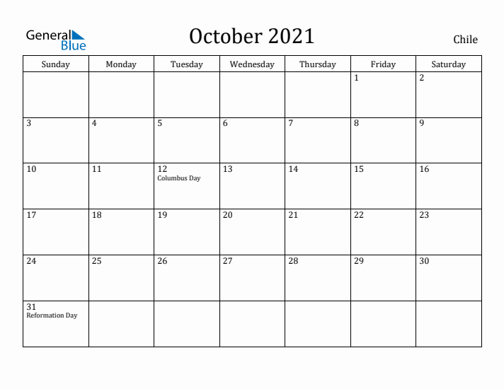 October 2021 Calendar Chile